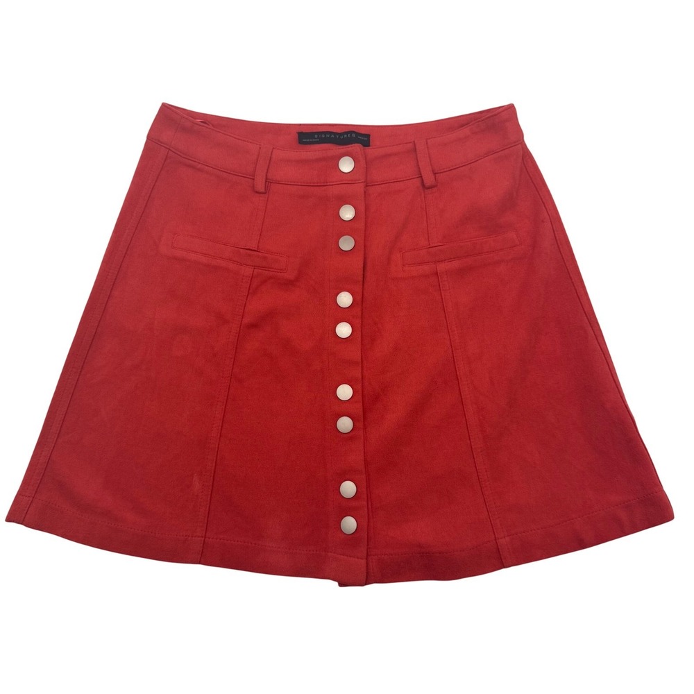 Signature 8 Womens Mini Skirt Size M Red A-Line Button Front Pockets